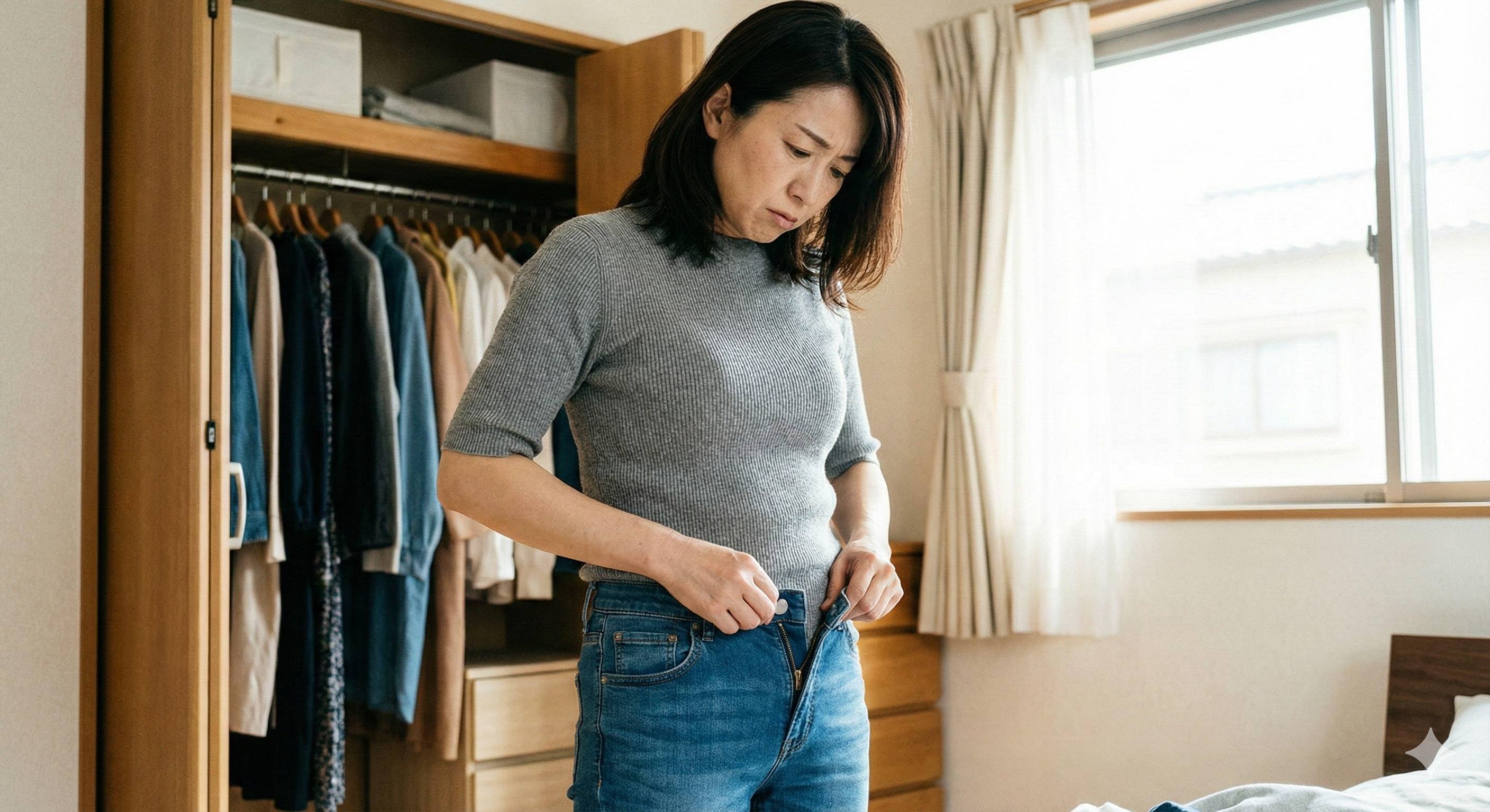 鏡を見て悩む女性のイメージ